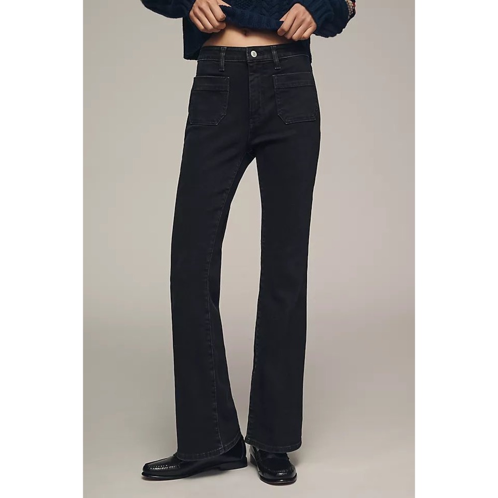 Pilcro The Icon Mid Rise Flare Jeans Black Front Patch Pocket Size 33‎